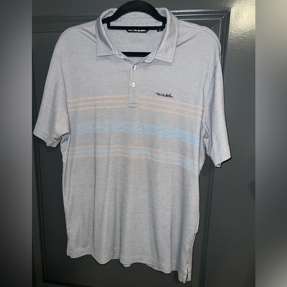 Travis Mathew Gray and Blue Polo Shirt with Stripes